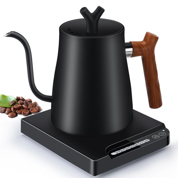 AZMKOO Electric Kettle, Coffee Drip Kettle, 3.2 gal (1.0 L) 1,200 W, Coffee Pot, Temperature Control, Temperature Control (5°C Unit), Heat Retention Function, PSE Certified, Thin Mouth Coffee Kettle, For Coffee, Tea, Tea, Present, Drip Pot, Wood Grain Sty