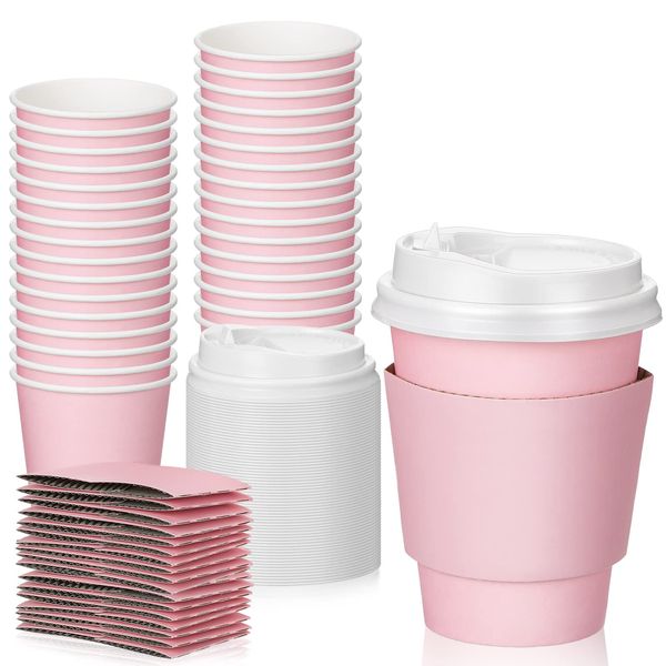 48 Pcs 12 oz Disposable Coffee Cups with Lids and Sleeves Bulk, Insulated Paper Cups Hot Chocolate Cups for Hot and Cold Beverage Water Juice Cocoa Tea Party Restaurants Travel Supplies (Pink)