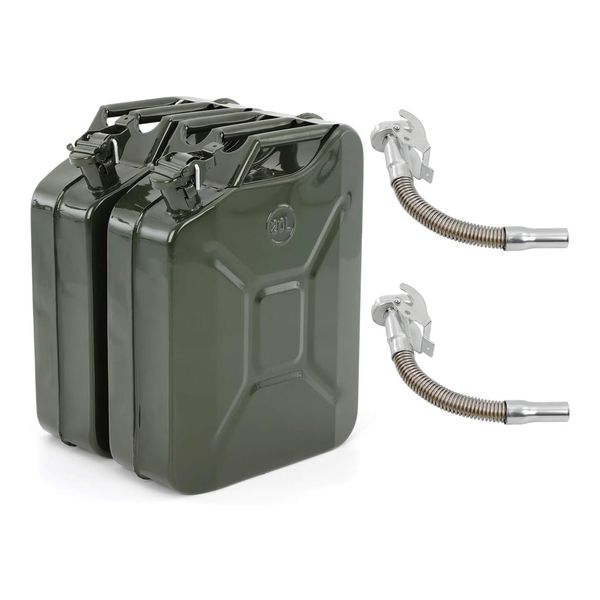 Trintion 2Pcs Jerry Can Metal Petrol Can with Spout Motorcycle Fuel Store Container 20L for Store Petrol Diesel Green