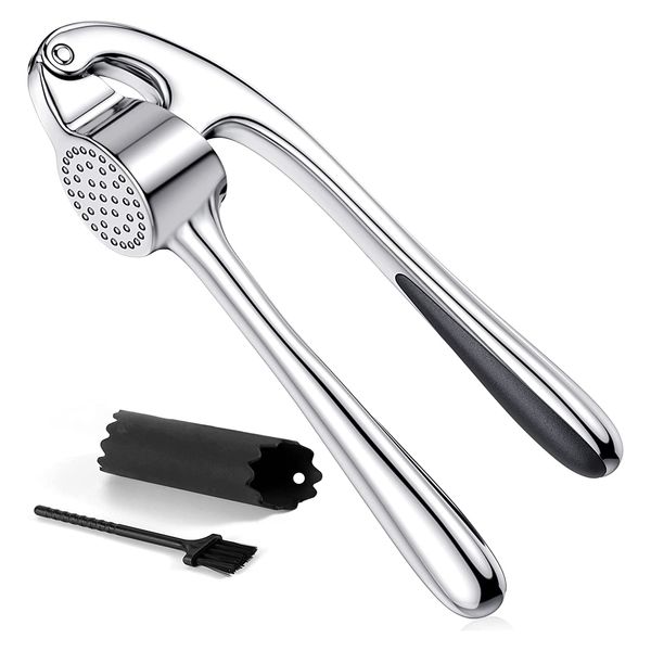 FENGCHUANG Garlic Press, Stainless Steel Professional Kitchen Ginger Crusher,Garlic Slicer, Garlic Press with Garlic Peeler and Brush, User-Friendly Garlic Chopper, Easy to Clean and Durable (Silver)