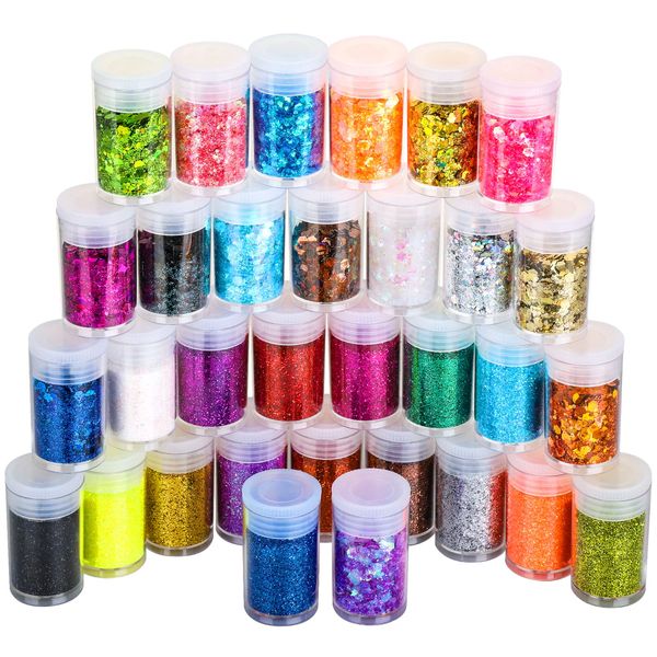 LEOBRO Fine Glitter & Chunky Glitter,16pcs Extra Fine Glitter Powder & 16pcs Holographic Chunky Glitter Set, Craft Glitter for Christmas Resin, Body Nail Glitter, Glitter for DIY Art Crafts