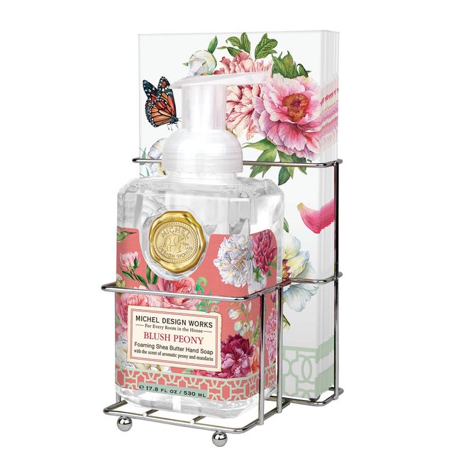 Michel Design Works Scented Foaming Hand Soap, 17.8oz and Napkin Caddy Set with 15 Hostess Napkins, Blush Peony Scented and Designed