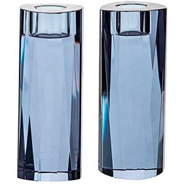 (D) Judaica Candlestick Triangle Crystal Blue Candle Holders Jewish Set 2pc