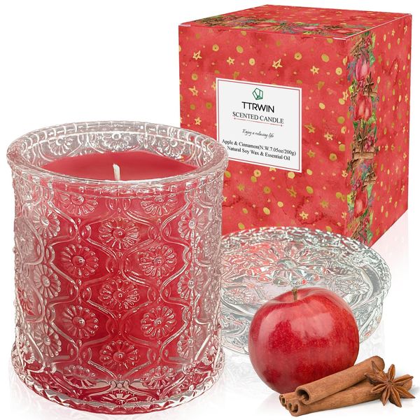 TTRWIN Apple Cinnamon Scented Candle, Red Natural Soy Wax Candles, Beautiful Glass Jar Candle, Long Burning, Strong Aroma, Aromatherapy Gift Idea for Christmas, Birthday, Housewarming (200g)
