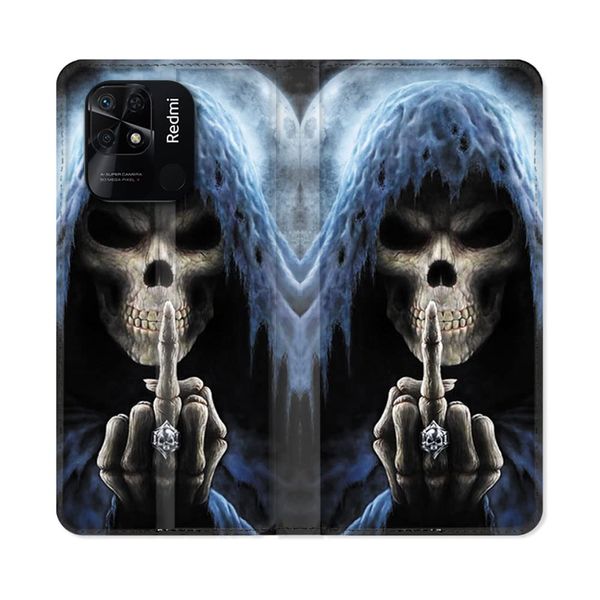 Leather Wallet Case for Xiaomi Redmi 10C Skull Finger Design