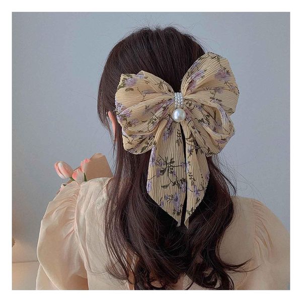 Boho Floral Bow Haars pange Große Blumen haar Schleife Seidige Satin Haars pangen Clip Blume Bowknot Haarnadel Kopf bedeckung Perle Bogen Haar Barrette Dame Schmuck für Mädchen Geschenke (Gelb)