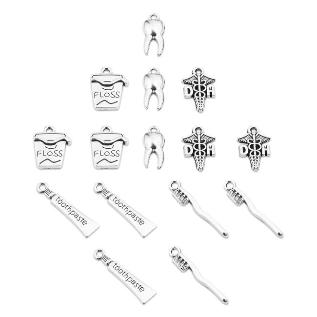 BOSATE 15pcs Dental Hygienist Charms Collection Dentist Charms Pendant DH/Tooth/Floss/Toothbrush/Toothpaste Charms for Jewelry Making DIY Findings (Dental Hygienist Charms1)