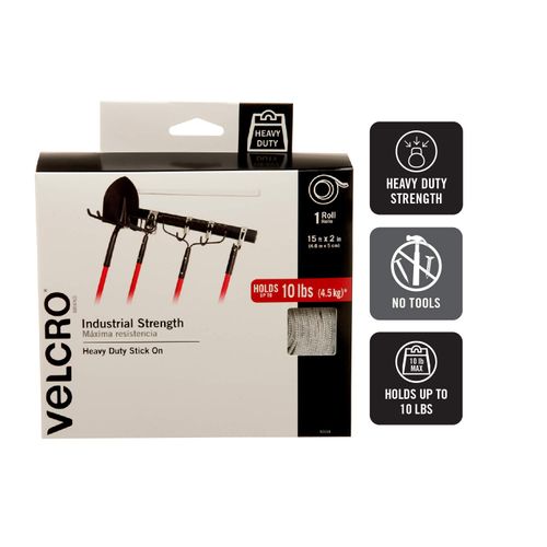 VELCRO Brand Industrial Strength Fasteners | Stick-On Adhesive | Professional Grade Heavy Duty Strength Holds up to 10 lbs on Smooth Surfaces | Indoor Outdoor Use | 15ft x 2in Tape, White