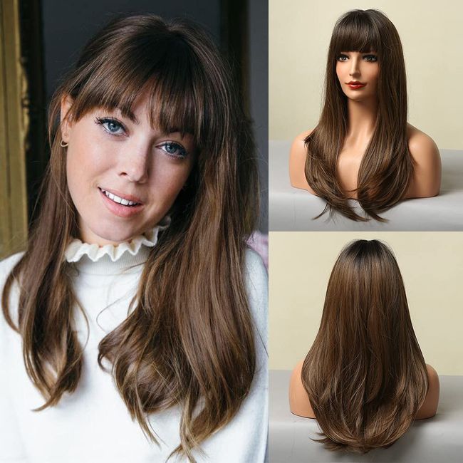 HAIRCUBE Brown Wigs for Women Long Straight layered Wig with Bangs Heat Resistant Fiber Synthetic Wigs Daily Natural looking