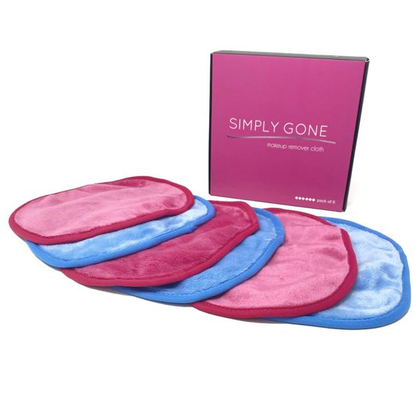 Simply Gone Mini Makeup Remover Cloths - 6 Pack. Reusable Microfibre Face Pads remove all makeup, even waterproof mascara. Cleansing & Exfoliating. Ideal for Sensitive Skin. (Pink & Blue)