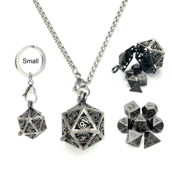 Haxtec Mini Metal DND Dice Set With 20mm Antique Iron Hollow D20 Necklace Dice Case Antique Tiny Metal Dice Set D&D Keychain Portable 7PCS Dice Set