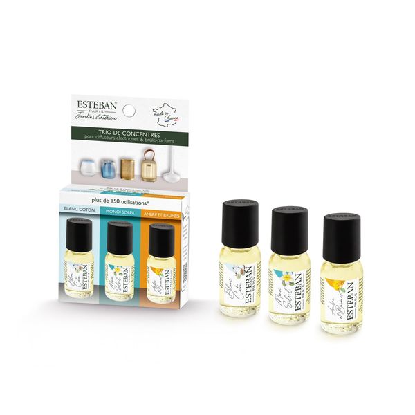 Esteban – Trio aus weißem Baumwoll-Konzentrat, Monoi Sonne und Bernstein und Balsam, 3 x 15 ml