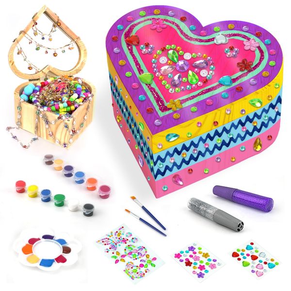 Ambesi Paint Your Own Wooden Jewelry Box, Arts and Crafts for Kids Ages 8-12, 4-6, 7-8 Year Old Girls, Decorate Heart Treasure Box Craft kit, DIY Toddler Art Set, Gifts for Birthday Valentine Day