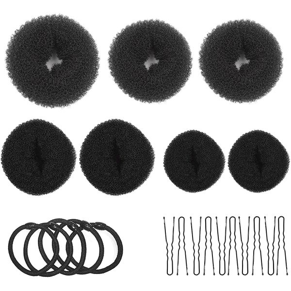 Donut Hair Bun Maker Set 7 Stück - Frisurenhilfe Set mit 5 elastischen Haarband, 10 U-Form Haarspange Haarnadel, Haarknoten Former Set für Kinder Mädchen Frauen (Schwarz)