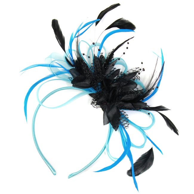 Caprilite Fashion Aqua Cornflower Blue and Black Net Hoop Feather Hair Fascinator Headband Wedding Royal Ascot Races