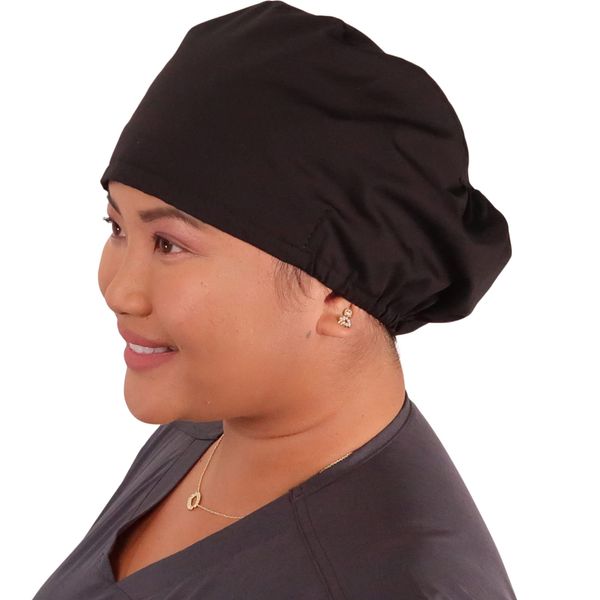 Sparkling EARTH Solid Black Riley Medical Scrub Caps with Flat Front and Roomy Back - Adjustable Cord Lock Closure - Made in USA!