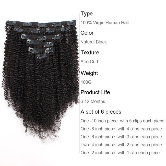 ABH AmazingBeauty Hair 8A Grade 4A 4B Double Wefted Thick Big Afro Kinkys Curly Hair Extensions Clip in for African American Black Women, Natural Black, 120 Gram, 12 Inch