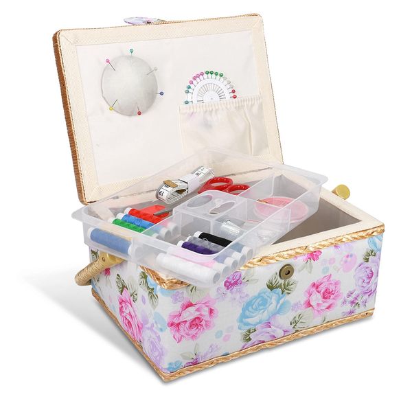 Navaris Sewing Box with Accessories - Sewing Basket with Organiser Tray Compartments 24.5 x 17.5 x 12.5 cm - Includes 76 Piece Kit - Rose Design