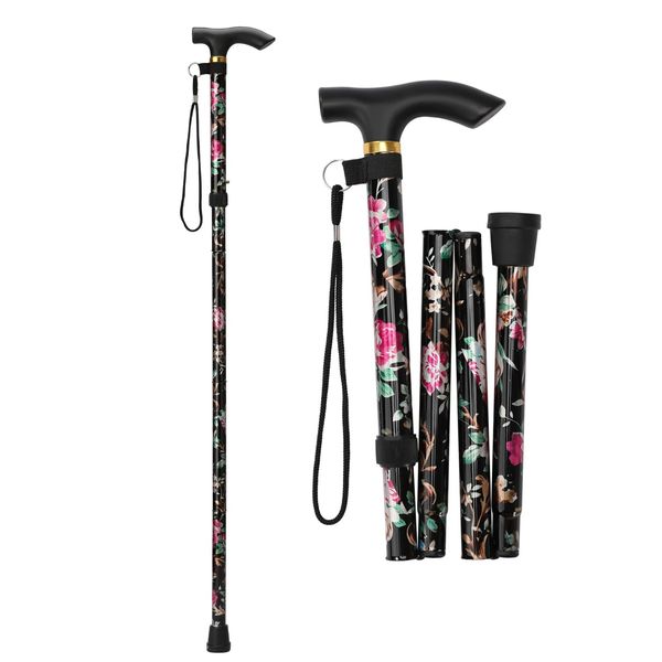 Foldable Walking Sticks - Foldable Walking Stick With Adjustable Height - Collapsible And Lightweight - Soft Ergonomic Handle For Comfortable Grip For Men,Women,Mobility Aid (Black Floral)