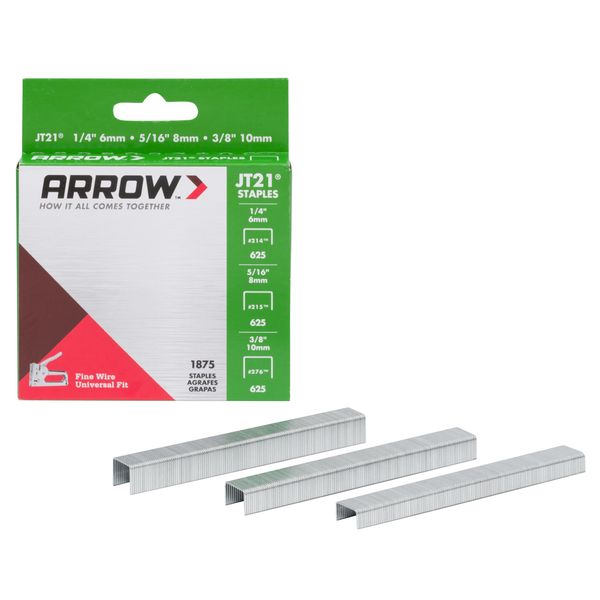 Arrow 21MP1 JT21 Thin Wire Staples Multipack for Staple Guns and Staplers, Use for Upholstery, Crafts,General Repairs, Includes 1/4-Inch, 5/16-Inch, and 3/8-Inch Sizes, 1875-Pack,(Packaging May Vary)