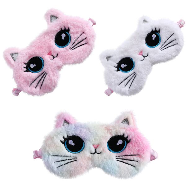 SacJkt Sleep Mask Kitten, 3 PCS Animal Eye Mask Cute, Cartoon Eye Mask for Sleeping, Plush Sleeping Mask for Kids Girls Women Sleeping, Napping, Travel, On The Plane (Pink,White,Colorful)