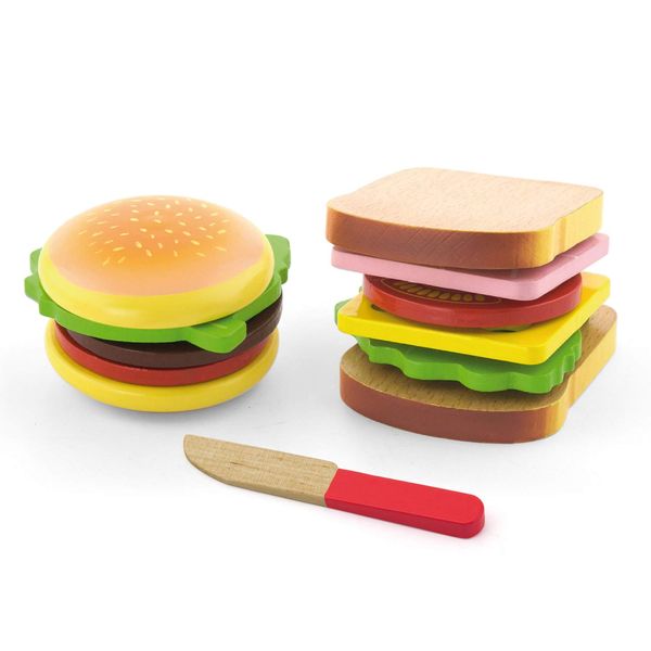 Viga Wooden Hamburger & Sandwich Set - Childrens Pretend Play Food Kitchen Toy