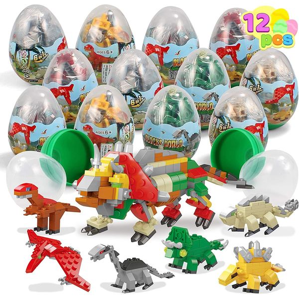 JOYIN 12 Pcs Prefilled Easter Eggs with Toys Dinosaurs Building Blocks, 3.25" Eggs for Easter Basket Stuffers, Easter Party Favors, Easter Egg Hunt, Classroom Events