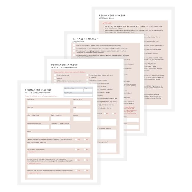 Permanent Makeup Intake forms Consent, Intake, Aftercare Packet for Clients to Sign | 100pk 25 of each | Consultation for PMU, Microblading, lip blushing, ombre powder brow eyeliner Instructions cards