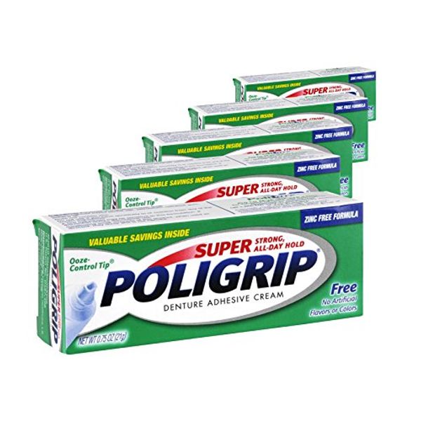 (5 Pack) Super Poligrip Denture Adhesive Cream - Strong, All-Day Hold - Zinc Free - No Artificial Flavors or Colors - 0.75 oz. ea.