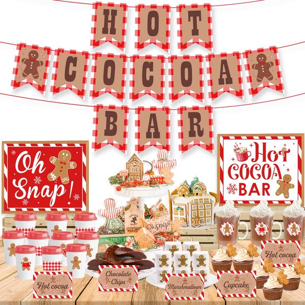 Hot Cocoa Bar Decoration Kit, Gingerbread Man Theme Hot Cocoa Bar Banner Christmas Hot Chocolate Bar Supplies Sign Toppings Labels Cup Stickers for Winter Baby Shower Christmas Birthday Decorations