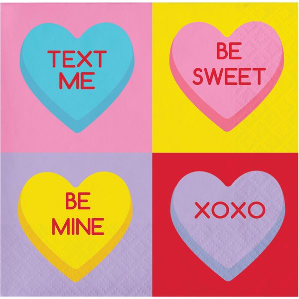 Creative Converting Candy Hearts Valentine's Day Beverage Napkins, 5", Multi-color