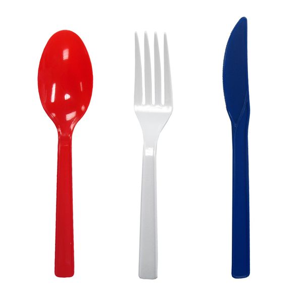 Party Essentials Patriotic Assortment Hard Plastic Combo Pack, Disposable Cutlery Sets, 51 Pieces/ 17 Place, Red/White/Blue