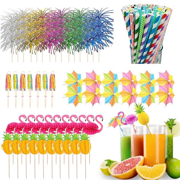 Tomtary Cocktail Accessories for Drinks 100pcs Cocktail Paper Umbrellas Flamingo Pineapple Sparkler Sticks Food Drink Decorations with Straws for Beach Birthday Festival Tropical Summer Pool Party