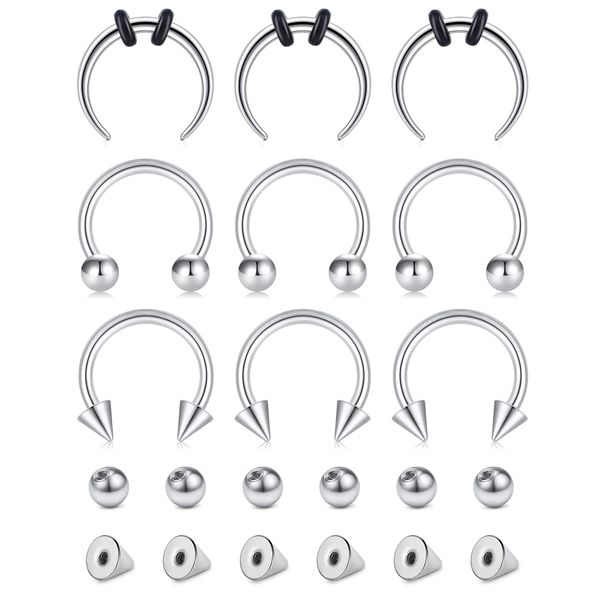 Longita 16G 10MM Horseshoe Piercing Septum Rings for Women Stainless Steel Septum Nose Ring Helix Hoop Cartilage Earrings with Replacement Balls & Spike Silver