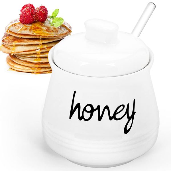 Cyimi Honey Pot, Ceramic Honey Pot with Lid and Glass Dipper for Home Kitchen, Porcelain Honey Dispenser Jar, 12 Oz/355ML, White