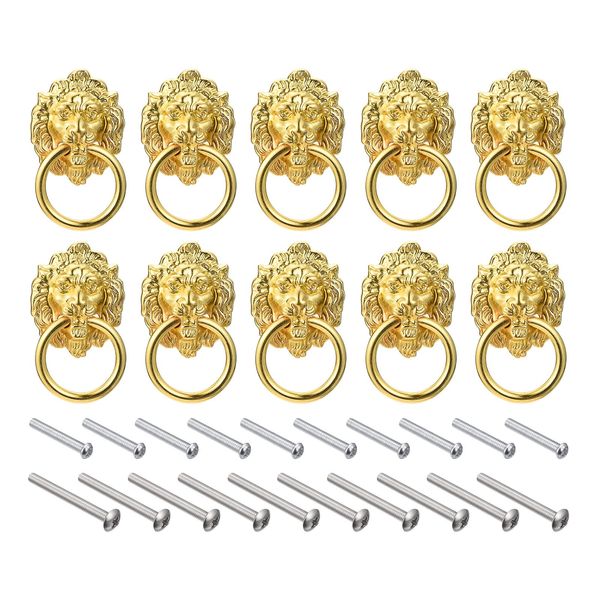 uxcell 10pcs Lion Drawer Pulls 40mm x 50mm Lion Head Pull Knobs Gold Ring Drawer Pulls with Screws for Dresser Wardrobe Kitchen Cupboard