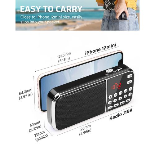 PRUNUS J-189 Bluetooth AM FM Radio, Small Portable Radio - Dual Speaker Heavy Bass, LED Flashlight, Pocket Size, TF Card USB AUX MP3 Player, Rechargeable Battery Operated Small Radio(Black)