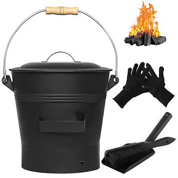 Fireplace Ash Bucket with Lid Shovel, Hand Broom and Gloves, 2.6 Gallon Wood ...