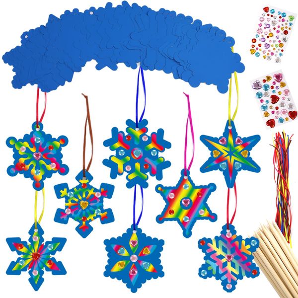 WorldBazaar Snowflakes Scratch Crafts for Kids 32 Sets Winter Party Activities Christmas Hanging Ornaments Tree Decorations Rainbow Art Kits Xmas Party Favors Gifts