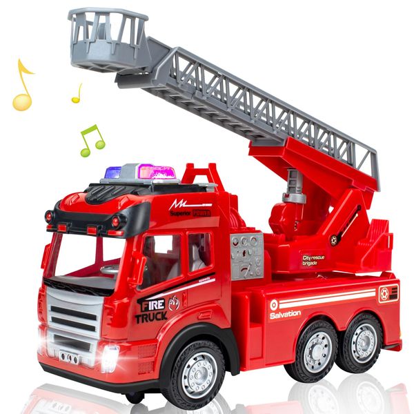 Fire Truck Toy with Ladder, Construction Toy, Car, Children, Toy, Construction Vehicle, Emergency Vehicle, Fire Fighting Series, Working Car, LED Refractor Ladder Truck, Boys, Children's Day,