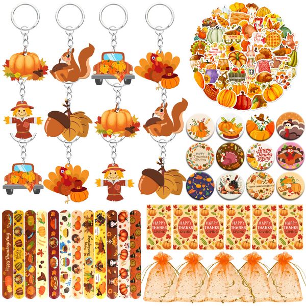 BANBALLON 110 PCS Thanksgiving Party Favors Autumn Party Supplies with Key Chains Button Pins Stickers Rubber Bracelets for Fall Party Favors Decorations Classroom Prizes