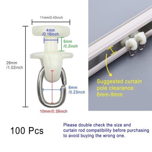 HLIWS Plastic Curtain Hooks Gliders-100 pcs Mute Rod inner rail track Slides Rollers,Caravan Curtain Hooks,Curtain Track Runners(White)