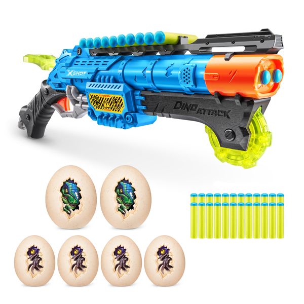 Dino Attack Claw Hunter (24 Darts + 4 Shooting Targets) by ZURU, X-Shot Blue Foam Dart Blaster, Toy Blaster, Shotgun Style, Twin Barrel, Dinosaur Design Toys for Boys, Kids, Teens (Blue)