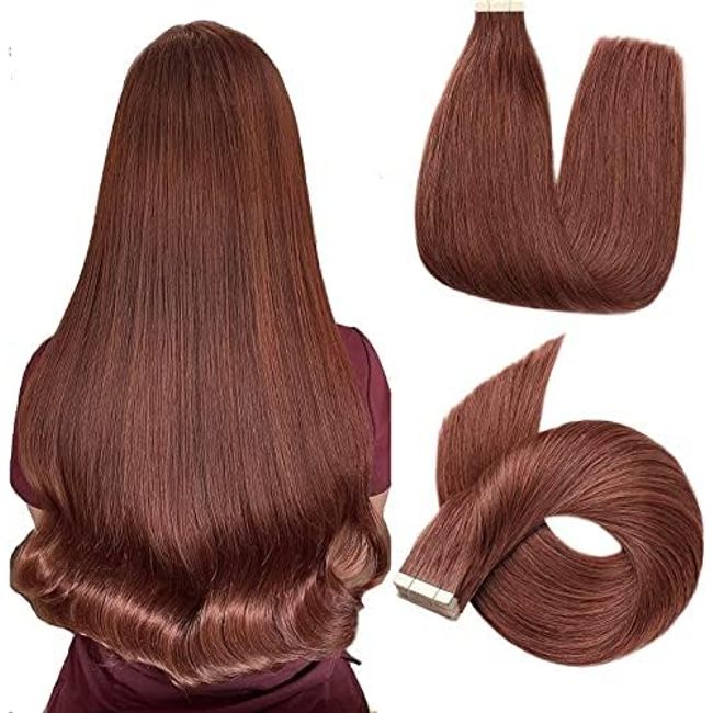 Tape in Hair Extensions 22Inch Human Hair Extensions Dark Auburn Remy 100% Natural Hair Extensions 20pcs 50g Medium And Long Dark Auburn Tape in Hair Human Hair Extensions for Woman