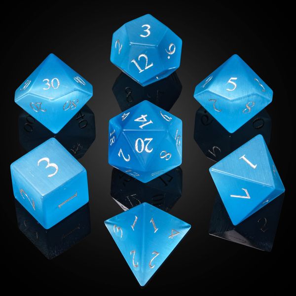 UDIXI Gemstone DND Dice Set 7PCS Stone D&D Polyhedral Dice for Dungeons and Dragons MTG Table Games (Blue Cat's Eye)