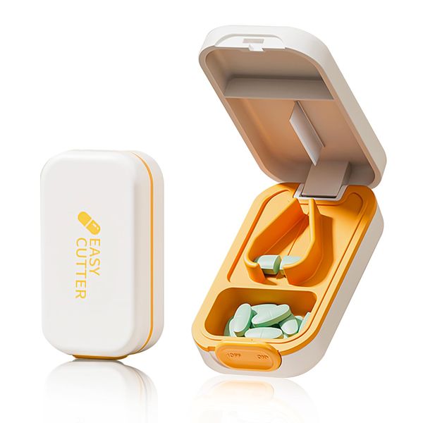 Pill Cutter, Pill Cutter, Medicine Cutter, Stylish, Thin, Tablet Cutter, Includes Pill Case, Integrated, Durable ABS Material (Orange x White)