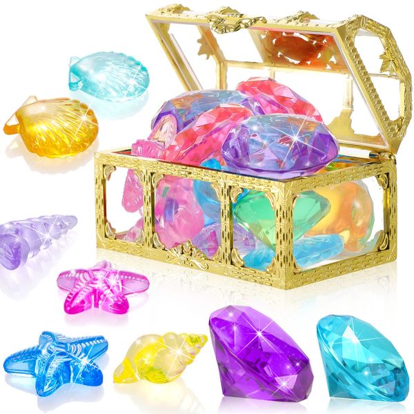 Skylety 12 Pcs Diving Gems Pool Toys Diving Toys for Swimming Pool, 1 Treasure Chest Box and 12 Colorful Acrylic Plastic Gems, Gemstones Box Dive Gem Underwater Toy for Party Favors(Gold)