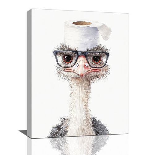 Ostrich Bathroom Wall Art Funny Ostrich Wall Decor Humorous Animal Canvas Print Watercolor Animal Pictures Painting Home Decoration for Bathroom Restroom Framed 12"x16"