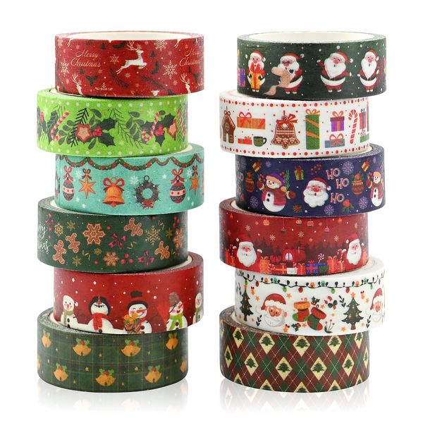 12 Rolls Weihnachten Washi Tape Set Multi Muster Dekoratives Klebeband Schneemann Dekorative Klebebänder Urlaub Bänder Pastell Scrapbooking Aufkleber Klebeband für Scrapbooking Geschenkverpackung