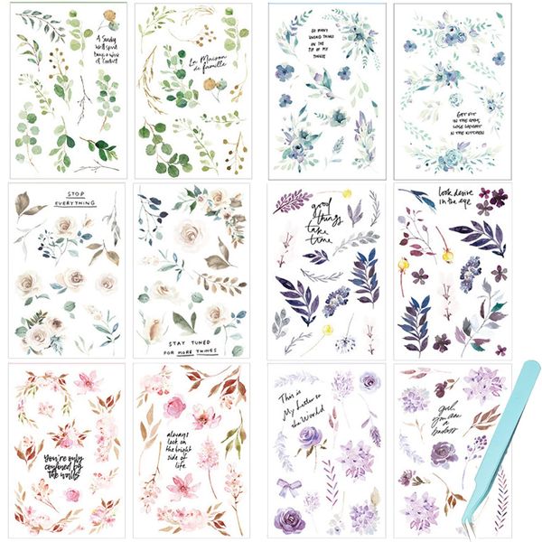 Carreuty 12 Blatt Transferaufkleber Blumen Scrapbooking Sticker, Vintage Rub On Transferaufkleber Blumenblätter-Muster Deko Zubehör für DIY Basteln Scrapbook, Planer, Album,Bullet Journals